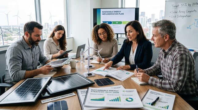 Diverse team collaborates on renewable energy strategy in modern office