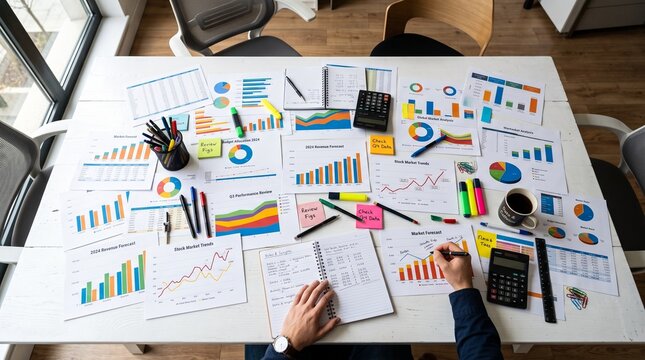 Business meeting table with financial charts and data analysis documents