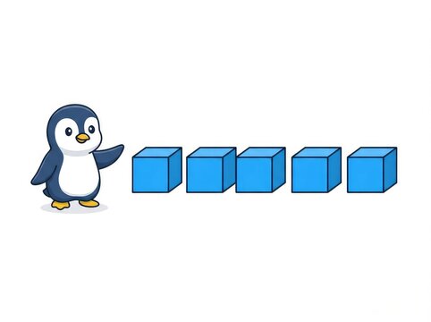 Adorable penguin character pointing at five blue square cubes or ice blocks, clean cartoon vector illustration for logic and strategy concepts