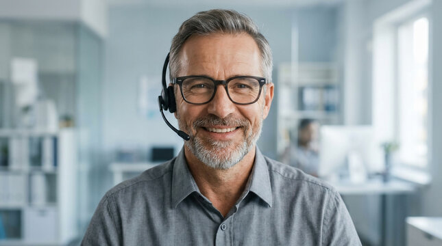 Smiling mature man with headset, glasses, beard, close-up in bright office, ideal for customer service, virtual consulting and remote support