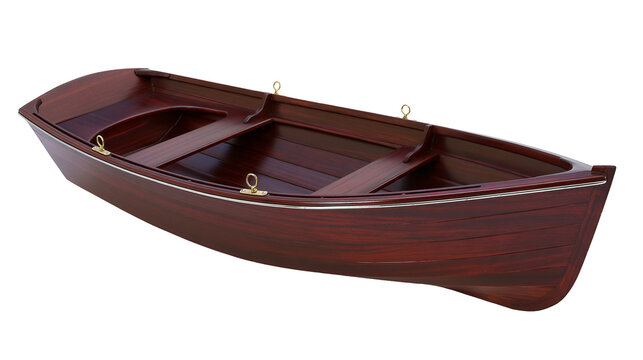 Isolated classic elegant wooden rowboat dinghy with polished finish and brass details