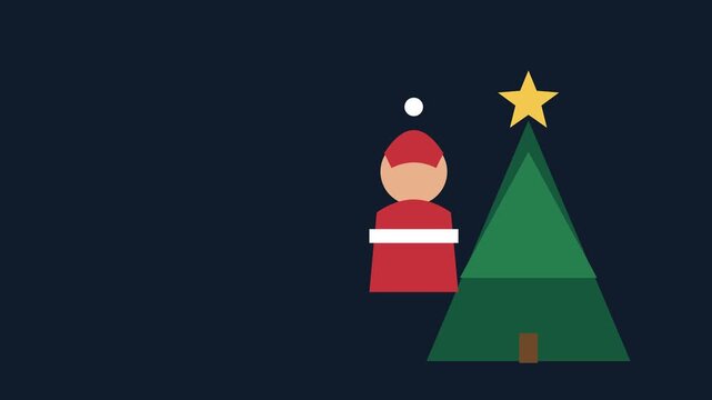 Santa Claus beside a christmas tree with a golden star, festive holiday character animation