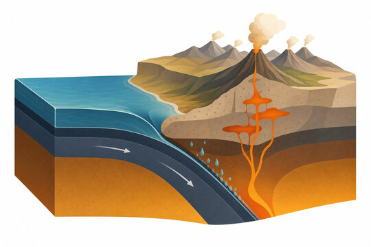 Oceanic slab dipping beneath a continent feeding a coastal volcanic