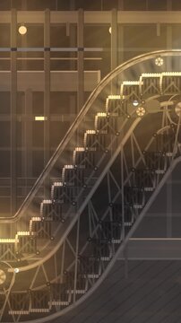 Escalator truss cutaway showing step chain, comb plate transition and returning steps on the underside loop in soft steel tones vertical 9:16