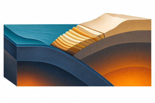 Sediment scraped into stacked wedges at the front of a subduction zone
