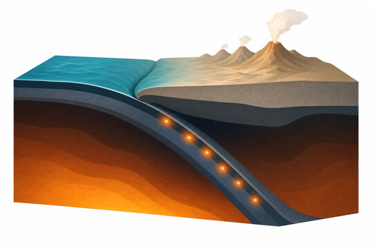 Deep foci along a subducting slab dipping beneath the overriding plate