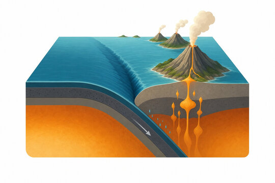 Subducting oceanic plate building a volcanic island arc and trench