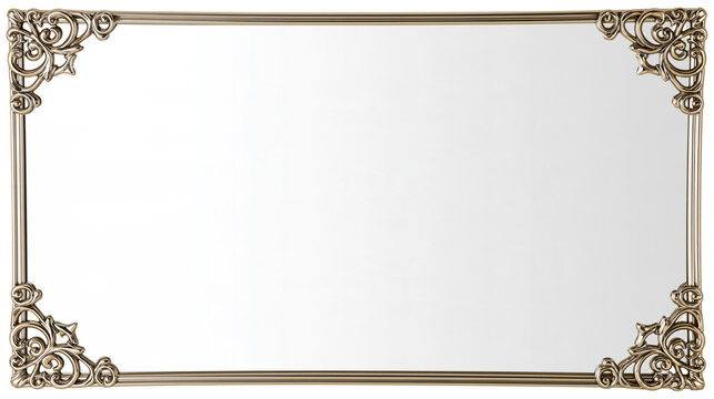 Isolated ornate antique metal picture frame with decorative corner scrolls and blank interior