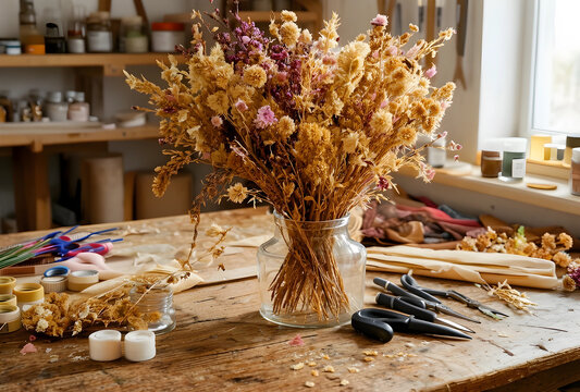 Interior design and floral craft, dried flower bouquet in glass vase on rustic wooden workbench with artisan tools and creative workshop background