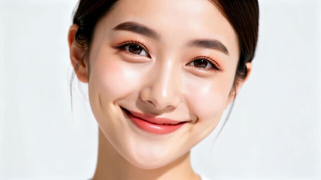 Radiant Smile: A beautiful young Asian woman with flawless skin and a captivating smile looks directly at the camera, radiating warmth and natural beauty.