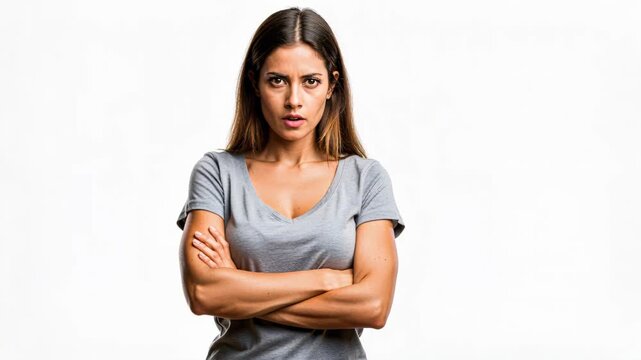 Angry Woman Expression: A young woman with an angry expression, arms crossed, stares intensely with a defiant gaze. Her intense emotion conveyed through her stern look and folded arms.