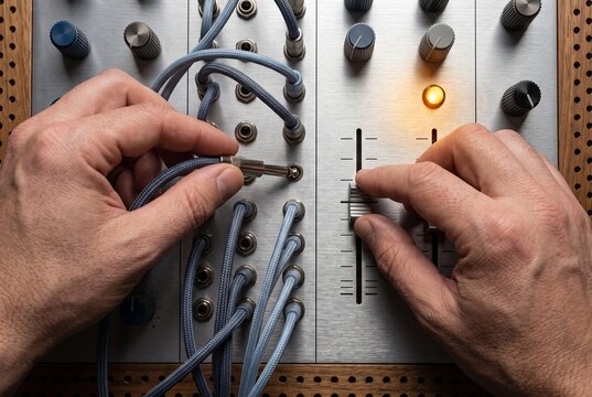 Sound engineer plugging patch cable and adjusting fader on an analog modular synthesizer in a music recording studio