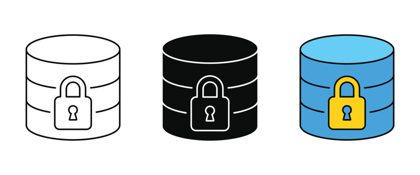 Database Security Icons. Three stylized icons depict a database symbol secured with a padlock, presented in outline, solid black, and color versions, representing data protection and security.