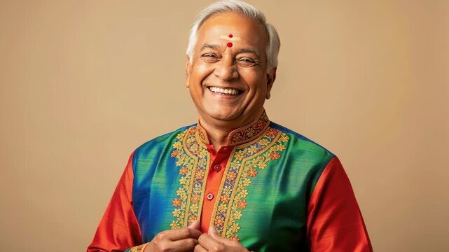 Elderly Man in Traditional Attire: A smiling elderly Indian man with white hair and a red bindi on his forehead, dressed in a vibrant, ornately embroidered silk kurta.