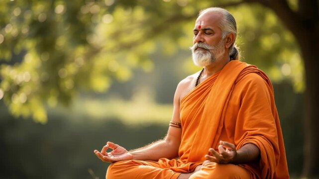 Meditative Monk Outdoors: An elderly man, clad in vibrant orange robes, meditates outdoors with eyes closed, radiating a sense of profound peace and spiritual serenity in a natural setting.