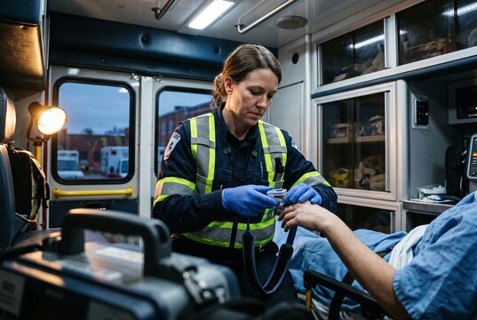Female paramedic measuring vital signs with pulse oximeter on patient inside an ambulance during emergency transit