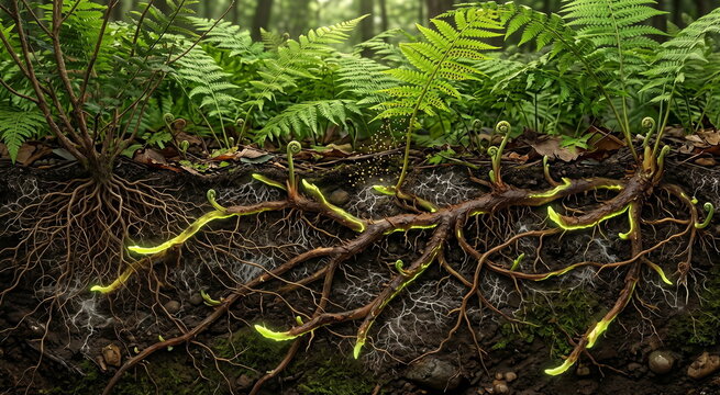 Invasive fern overtaking native roots with rhizomes, spores, soil networks, and underground stolons