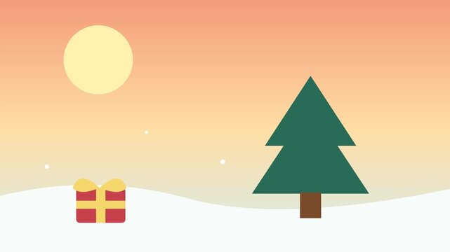 Christmas tree with a gift box under a warm sun on an orange cream gradient background, festive holiday animation