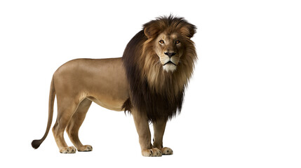 Isolated majestic male lion with impressive mane standing proudly, gazing directly forward © ROCKETX