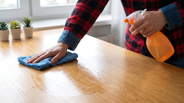 Person wiping a wooden table with a blue cloth and spray bottle
