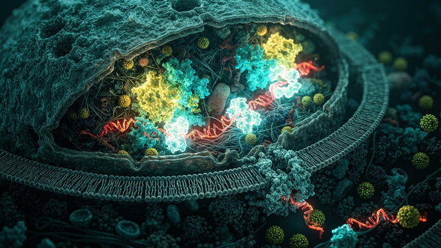 Mosquito cell nucleus with antiviral protein complexes binding viral RNA and blocking replication, surrounded by nuclear pores, strands, and suppressed virions.