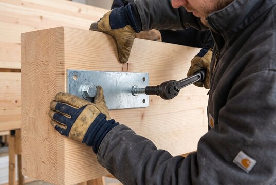 Construction worker using a socket wrench to fasten a metal plate connector onto an engineered glulam timber beam in a workshop