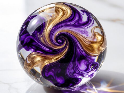 Decorative glass sphere with swirling purple, gold liquid inside. Abstract marble pattern with metallic glitters in transparent orb. Luxury crystal ball shows elegant fluid motion. Macro shot of