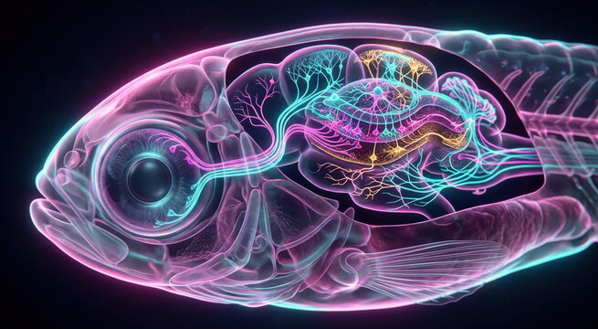 Translucent zebrafish head cutaway showing brain lobes, sensory nerve tracts, and optic tectum signal hubs in fluorescent colors.