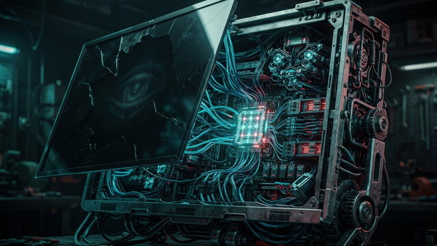 Monitor cutaway exposing sensors, data tendrils, ad injection blocks, and processor lattice with an eye reflected in the glass.