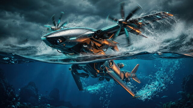 Biomimetic robot split between air and water, with folding wings, propellers, hydrofoils, bubbles, metallic body, and dual-mode mobility.