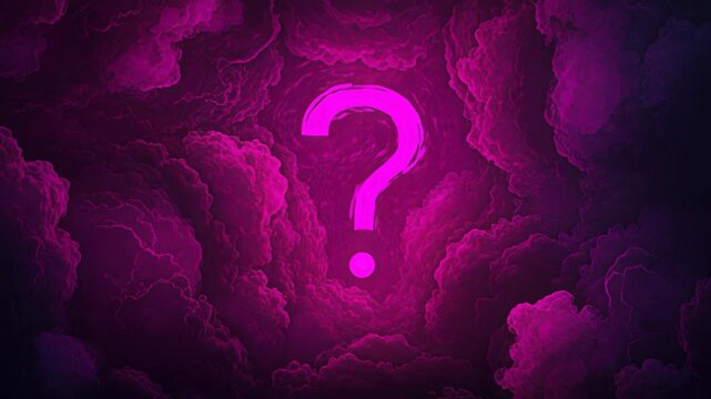Mysterious Question Mark: A glowing neon pink question mark emerges from a backdrop of swirling purple clouds and smoke, symbolizing mystery, uncertainty, and the unknown.