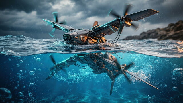 Biomimetic robot split between air and water, with folding wings, propellers, hydrofoils, bubbles, metallic body, and dual-mode mobility.