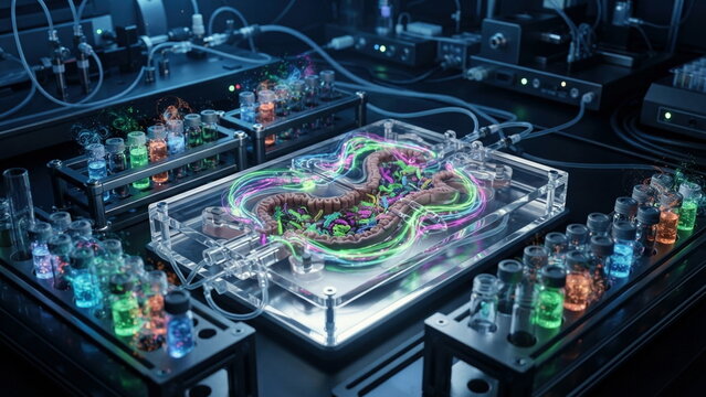 Microbiome research lab with assay vials and a transparent intestinal chamber showing microbe shifts under compound exposure