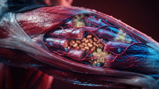 Runner thigh cutaway showing mitochondria, oxygen delivery, capillaries, lactate buildup, and muscle energy recovery during endurance fatigue.