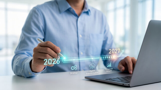 Business strategy planning and digital transformation timeline concept, showing future growth, technology adoption, innovation, corporate planning, organizational change, and long-term goals.