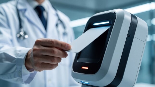 Faceless doctor uses id card to scan electronic reader for secure access. Medical pro performs authentication at restricted area entrance. Close up of hand holding plastic badge near high tech