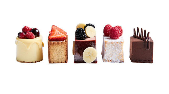 Isolated elegant selection of individual petit four cakes with fresh fruit and rich chocolate
