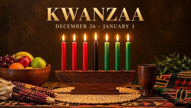 Kwanzaa Kinara seven candles harvest basket corn and woven mat