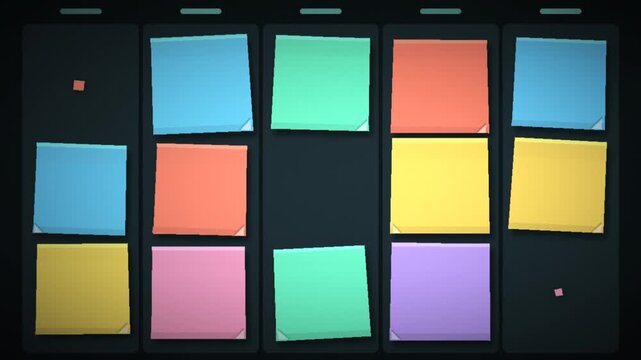 Colorful Sticky Notes Appearing and Shuffling on a Kanban Board Seamless Loop in bright mint tones