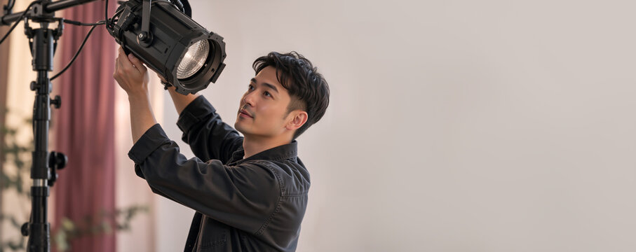 Young Asian male photographer adjusting professional studio light on stand. Videographer setting up lighting equipment for film production. Copy space for text
