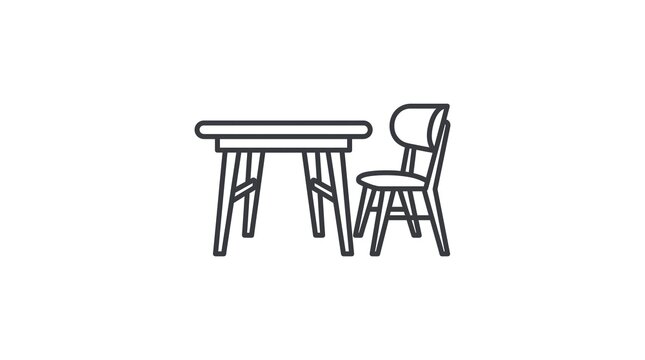 Clean line art vector icon of a simple wooden table and chair, representing dining room, cafe seating, or study room furniture isolated on a white background.