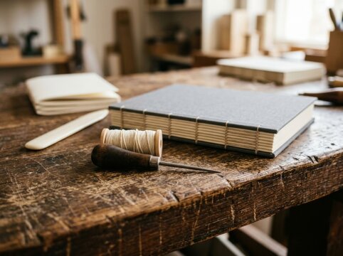 Handmade bookbinding with thread and awl on a wooden table bookbinding handmade notebook