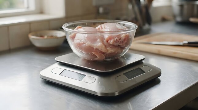 Raw chicken thighs placed on a digital kitchen scale for accurate portioning and recipe preparation