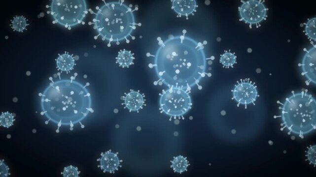 Microscopic virus particles floating in a medical medium seamless loop in deep navy tones