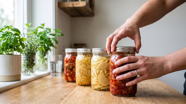 Hands Sealing Jars of Homemade Kimchi and Fermented Vegetables, Gut Health Food