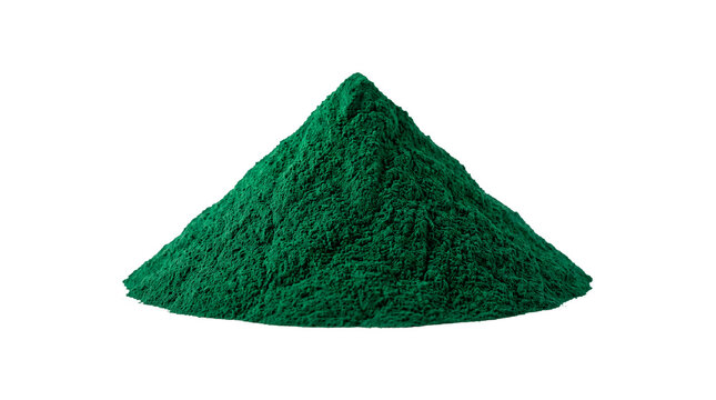 Vibrant green spirulina powder forming a neat conical pile, a healthy superfood supplement rich in nutrients and antioxidants PNG Isolated on transparent background