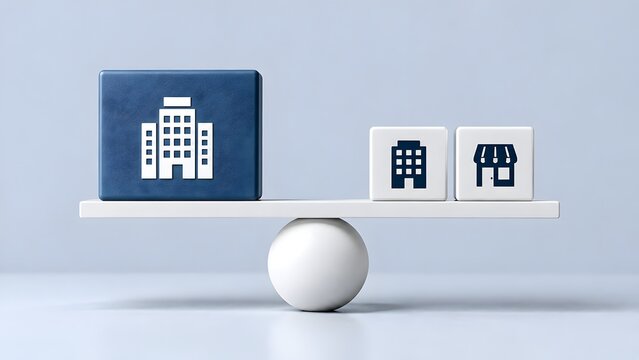 Conceptual balance scale showing large corporate building icon equal to smaller enterprise and retail shop icons representing market equilibrium and fair business competition.