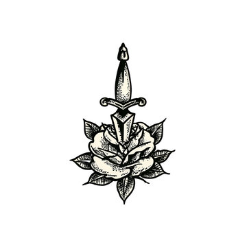 Vintage tattoo flash design featuring dagger piercing rose with intricate linework