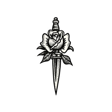 Vintage-style dagger with rose tattoo flash design for ink artwork and branding