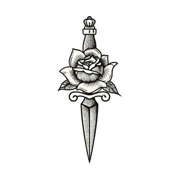 Vintage-style dagger with rose tattoo flash design for ink artist reference
